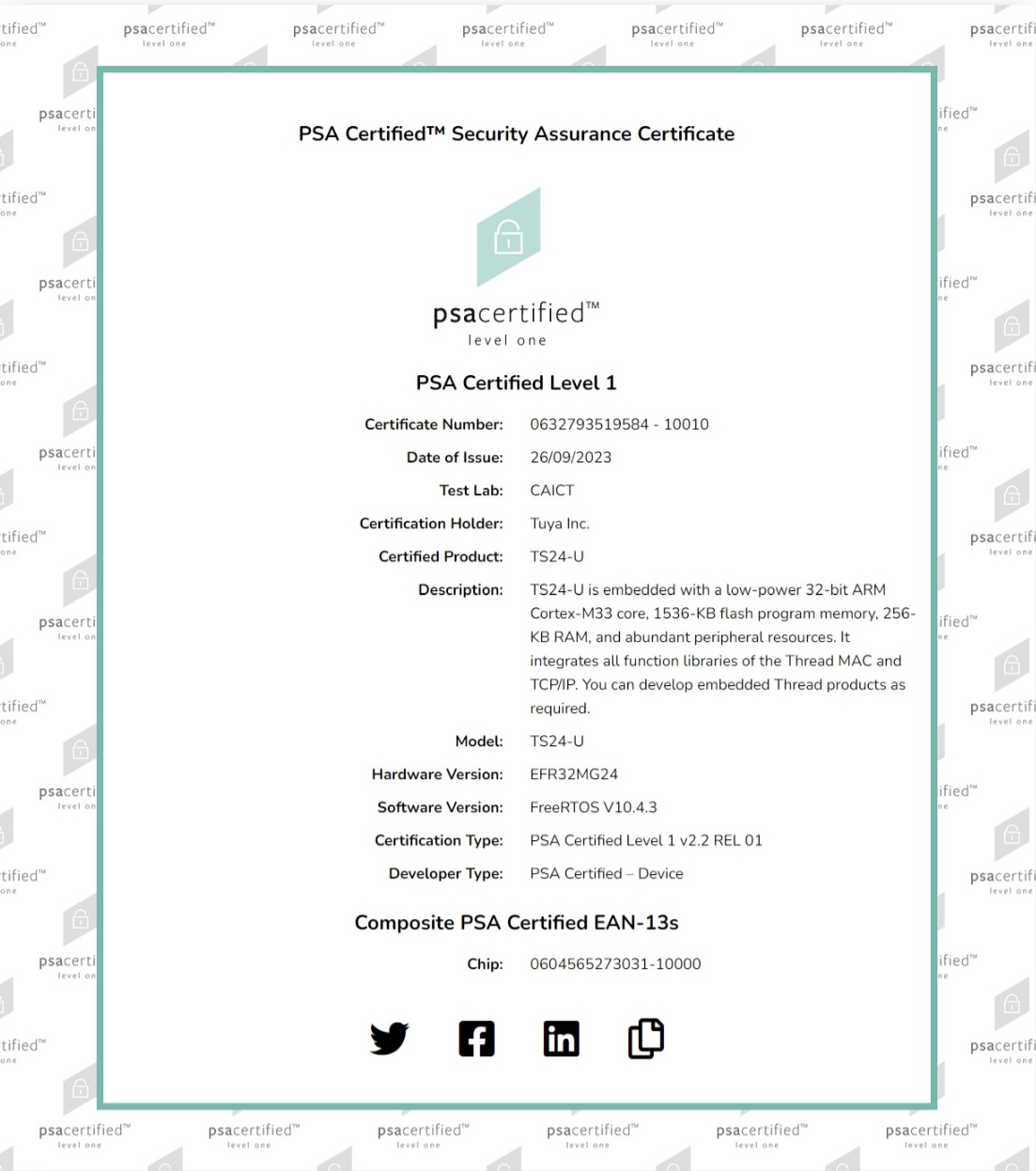 Screenshot of PSA certification